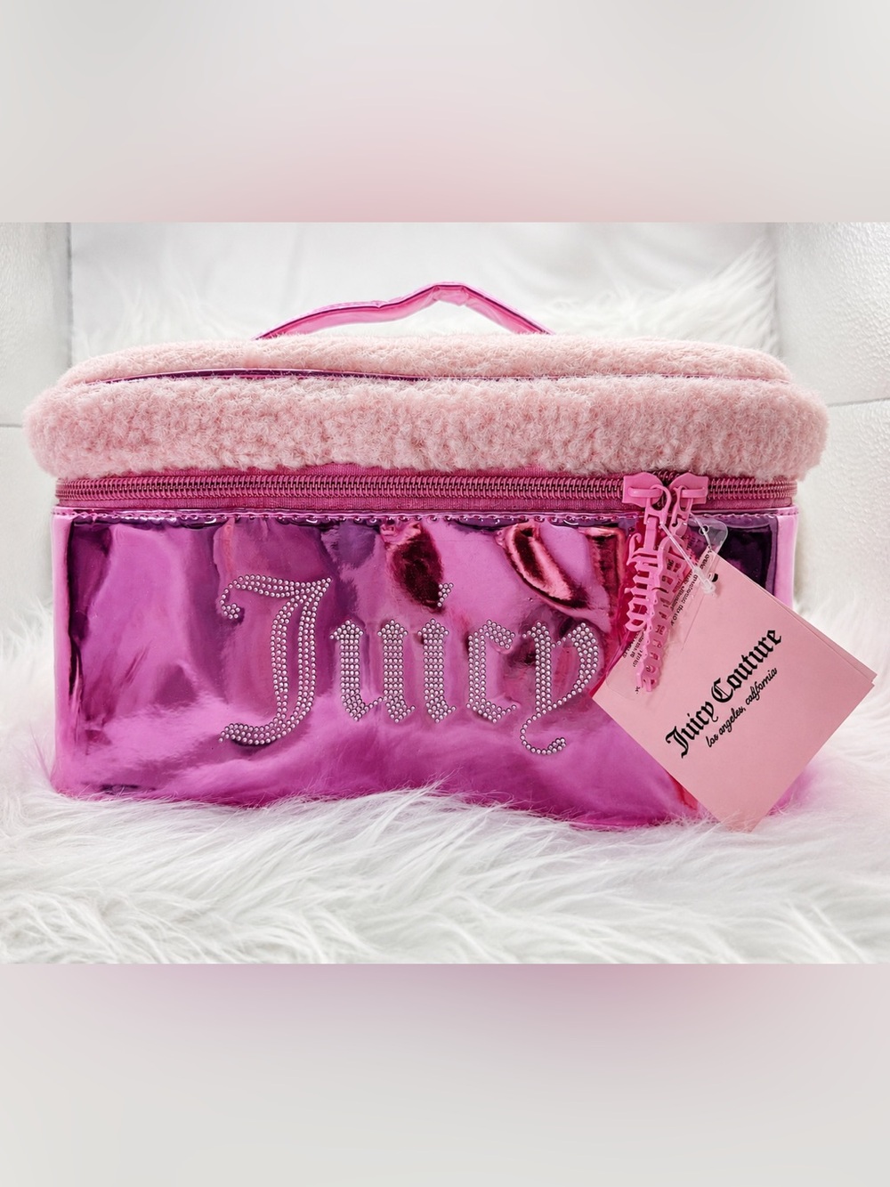 NWT Juicy Couture Travel Cosmetic Bag - Pink Metallic, Rhinestones